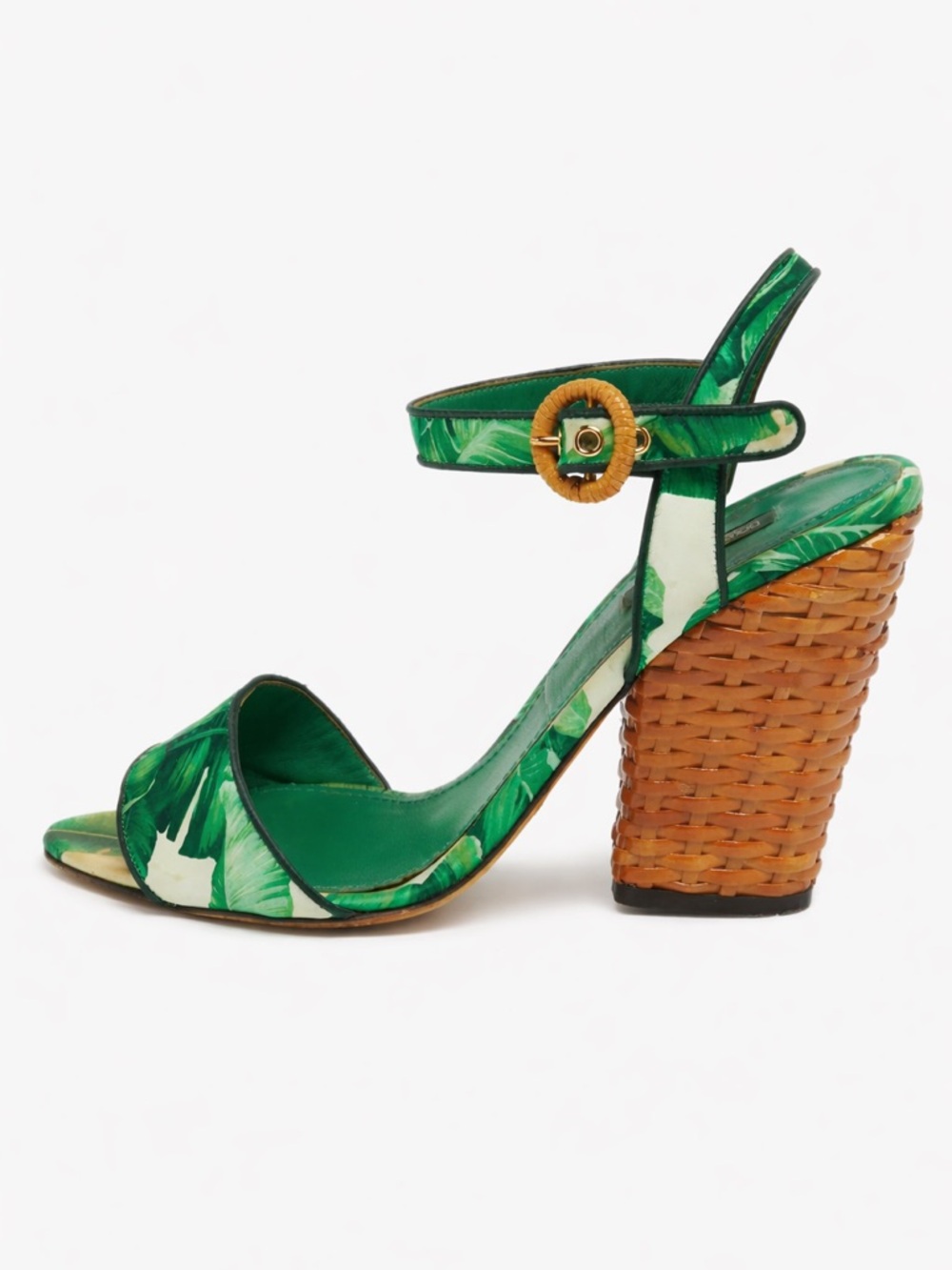 Dolce & Gabbana Palm-Print  Green Banana Leaf Raffia Block Heel Sandals size 7